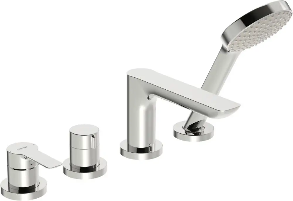 HANSALIGNA Armatur für Wanne und Brause in Chrom, bestehend aus einer Mischbatterie und einem Handbrauseset mit runder Brausekopf.